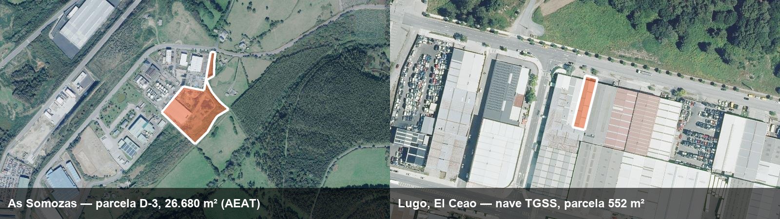 Las dos parcelas en subasta: As Somozas y Polígono El Ceao (Lugo), delimitadas según Catastro sobre ortofoto PNOA © IGN