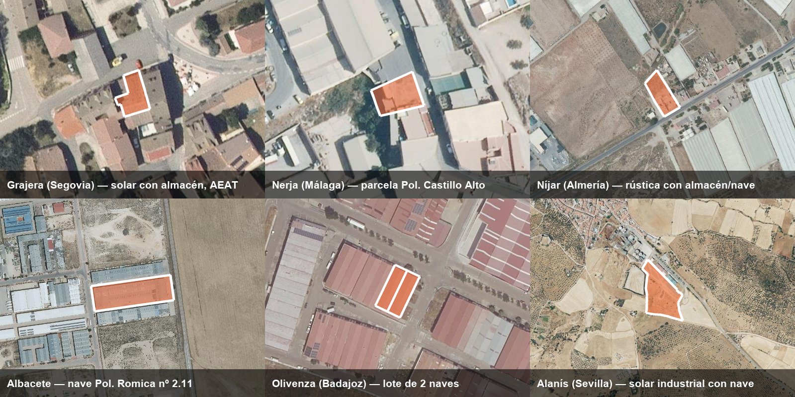 Seis de los ocho lotes en subasta: Grajera, Nerja, Níjar, Albacete, Olivenza y Alanís, delimitados según Catastro sobre ortofoto PNOA © IGN
