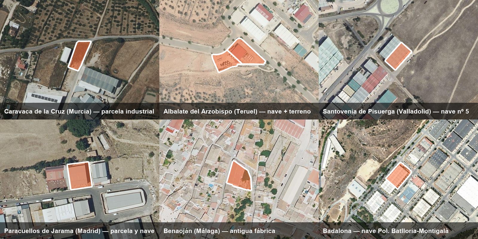 Seis de los lotes en subasta: Caravaca de la Cruz, Albalate del Arzobispo, Santovenia de Pisuerga, Paracuellos de Jarama, Benaoján y Badalona, delimitados según Catastro sobre ortofoto PNOA © IGN