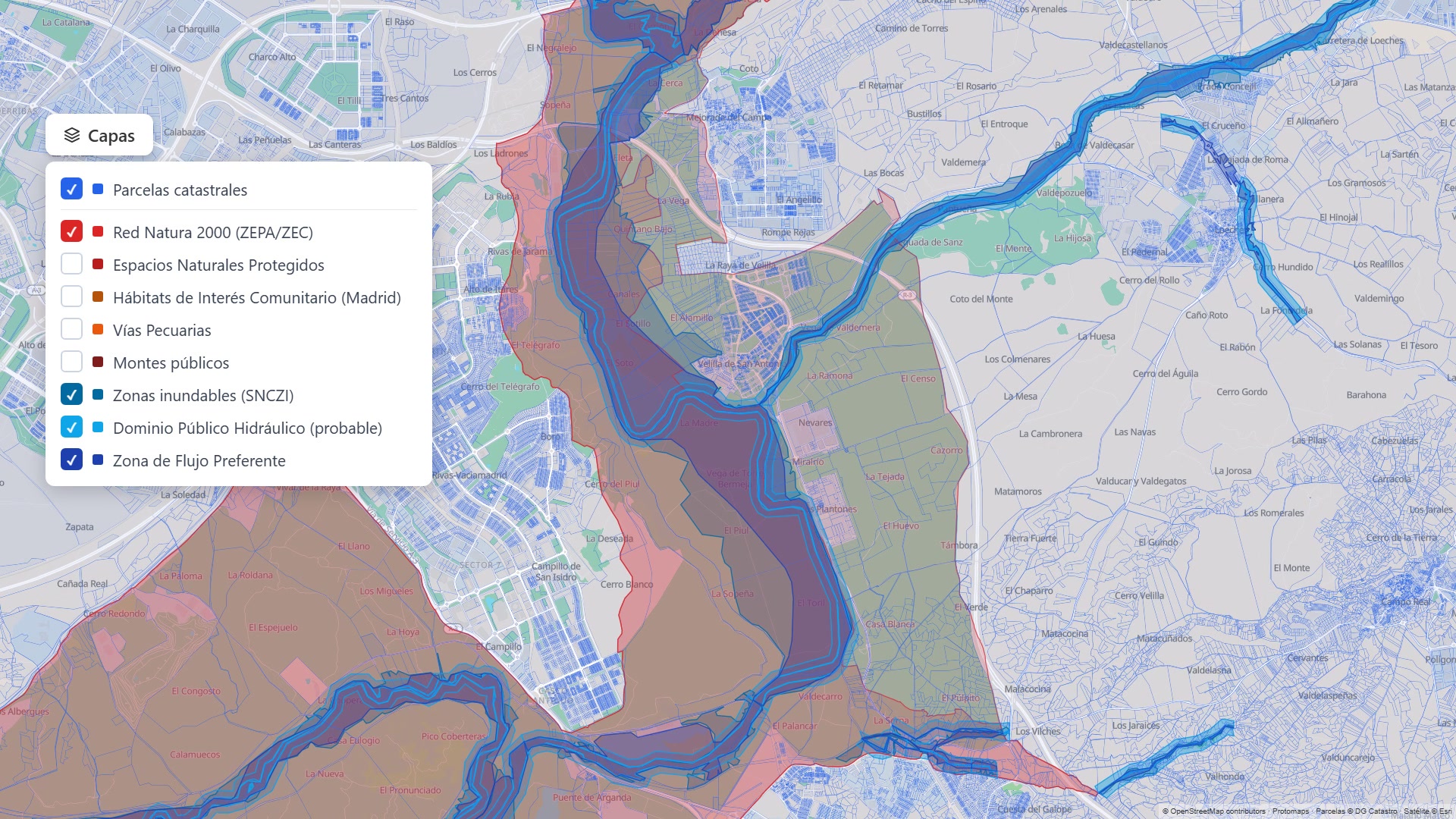 Zonas inundables y dominio público hidráulico sobre el mapa