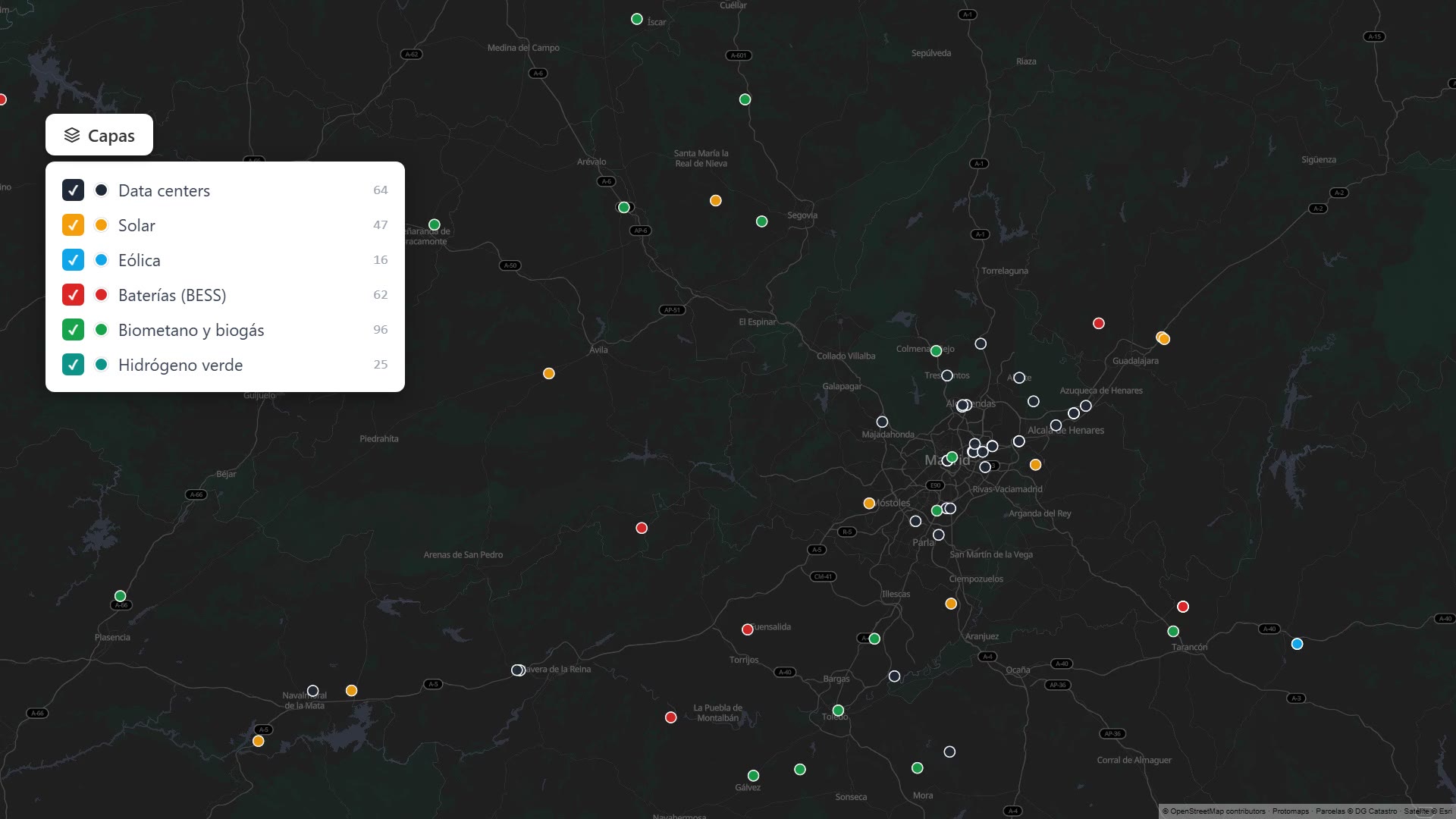 Detalle de proyectos energéticos en el entorno de Madrid