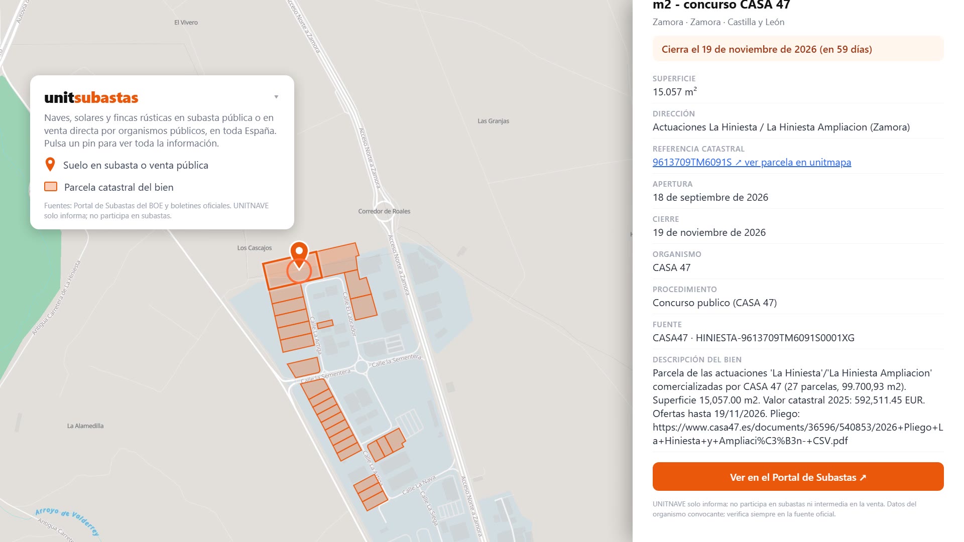 Ficha de una subasta con parcela dibujada, valor y plazos